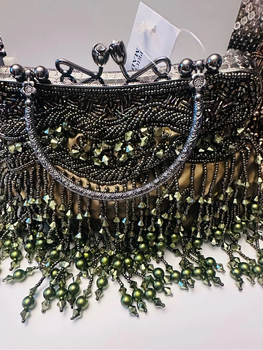 Olive Green Satin Beaded Mary Frances Inspired design Clutch/Purse with chain NW
